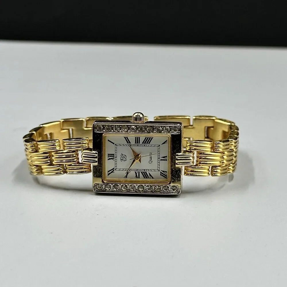 Elizabeth Taylor Watch Women Gold Tone Rectangle Case New Battery 6.75 Inch